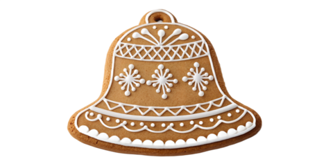 Classic bell–shaped gingerbread cookie with white icing details, isolated on transparent background. Great for festive compositions, Christmas invitations, cards, packaging designs, and seasonal digit