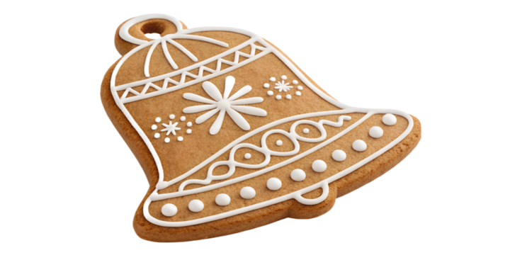 Classic bell–shaped gingerbread cookie with white icing details, isolated on transparent background. Great for festive compositions, Christmas invitations, cards, packaging designs, and seasonal digit