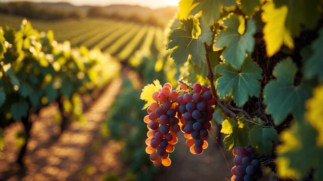 Close-up of ripe red grapes hanging from a lush green vine in a sunlit vineyard during harvest season with rows of grapevines stretching into the background under soft golden light