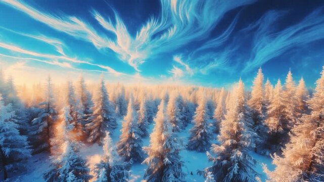 Aerial view of snowy forest landscape during sunset with frosty pine trees illuminated by warm light against a vibrant blue and orange sky featuring dynamic cloud patterns and a serene winter