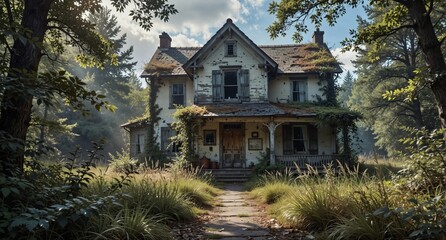 abandoned victorian farmhouse overgrown with vines on a misty morning, rural decay.