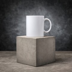 White Ceramic Mug Centered On Textured Concrete Cube With Dark Grungy