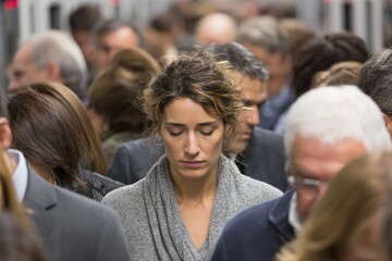 Woman Commuting On A Crowded Subway Train With Her Eyes Closed And