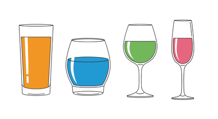 A colorful illustration depicting four different types of drinking glasses