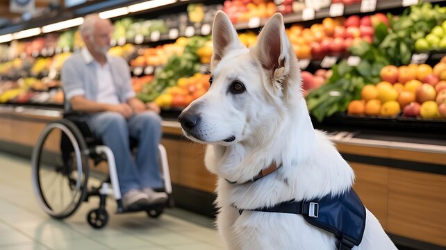 Service dog assisting a senior man in wheelchair at the grocery store - Powered by Adobe