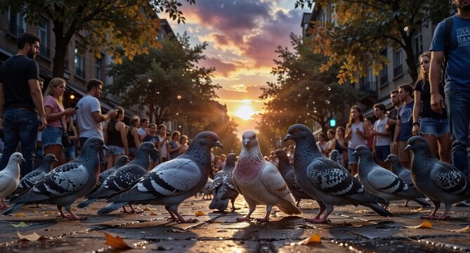 pigeons foraging on cobblestone street with blurred crowd and warm sunset light in european city.