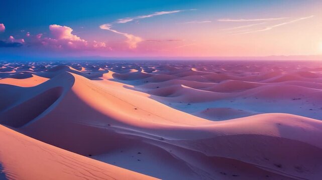 Wide view of vast desert landscape with soft undulating sand dunes reflecting warm orange and pink hues of a sunset surrounded by distant mountains under a clear blue sky with scattered clouds