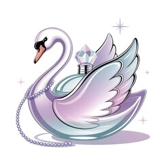 Fototapeta premium Elegant swan perfume bottle isolated on white background, adorned with pearls and a sparkling crystal stopper