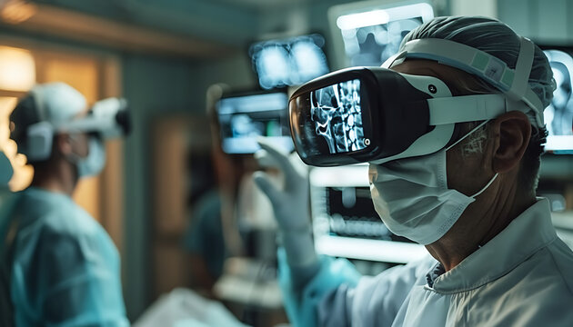 Surgeon using vr headset with medical images displayed during surgical procedure in operating room