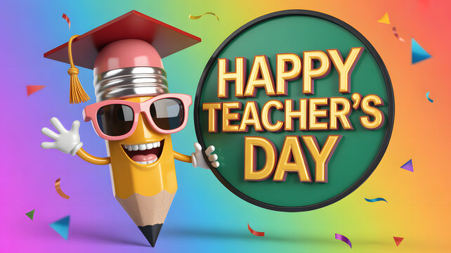 Cartoon pencil character wearing graduation cap and sunglasses celebrating teacher's day with confetti