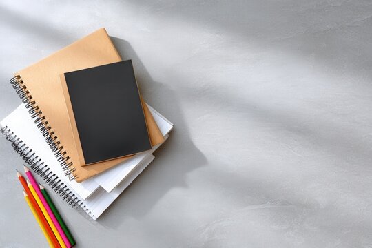 A collection of notebooks and colored pencils arranged on a gray surface, ideal for creative projects and educational purposes.