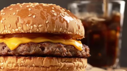 Close-up of a delicious cheeseburger with sesame seed bun, served with a side of refreshing cola in a glass