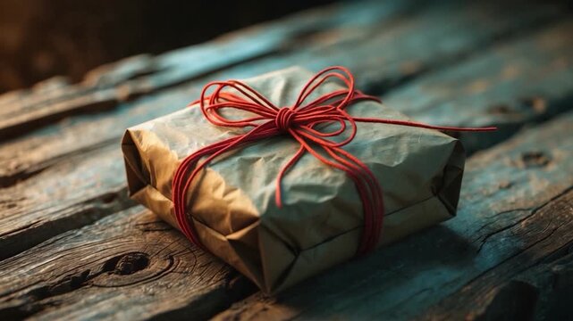 Close-up of a beautifully wrapped gift package with crumpled brown paper and bright red twine bow resting on a rustic wooden surface captured in soft natural light showcasing textures and details