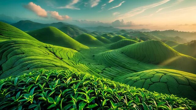 Lush green rolling hills of tea plantations with intricate patterns bathed in soft warm light during sunset showcasing vibrant foliage and scenic mountainous backdrop in a tranquil outdoor setting