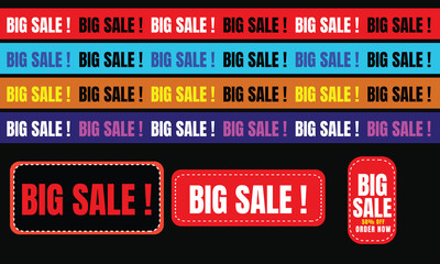 Big sale banner set with colorful discount labels and stitched badge designs on black background, vibrant promotional vector graphics for marketing and advertising