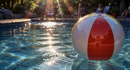 summer fun with a red and white beach ball floating in a sparkling swimming pool with people relaxing in the background.
