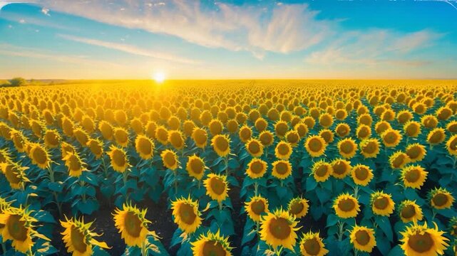 Vibrant sunflower field at sunrise featuring rows of bright yellow flowers stretching towards a clear blue sky soft natural light illuminating the landscape with scattered wispy clouds in a tranquil - Powered by Adobe