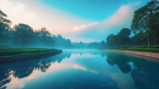 Scenic wide view of a tranquil lake surrounded by lush trees in the early morning with soft mist rising from the water's surface reflecting blue sky and gentle clouds in a serene natural environment