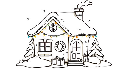 Cute Christmas house coloring page for kids, outlined cartoon style, thick clean black lines