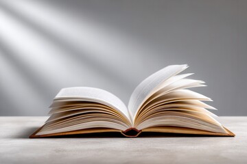 Obraz premium An open book resting on a table, illuminated by soft light, creating a serene and contemplative atmosphere, ideal for education and literature themes.