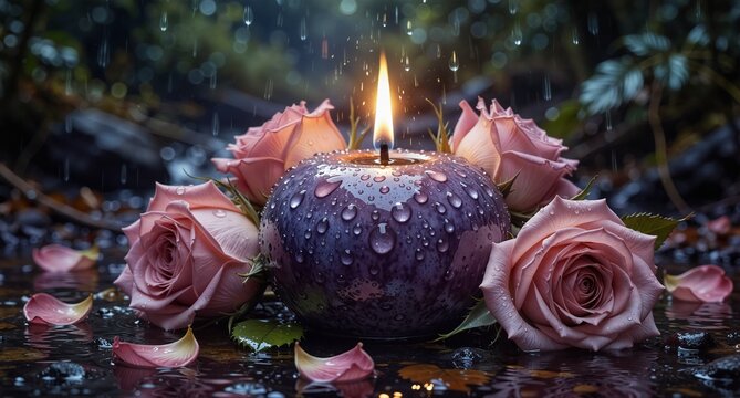 romantic still life with lit purple candle and wet pink roses in rainy night garden setting - Powered by Adobe