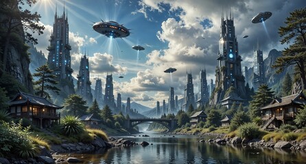 Futuristic City Nestled Serene Mountain