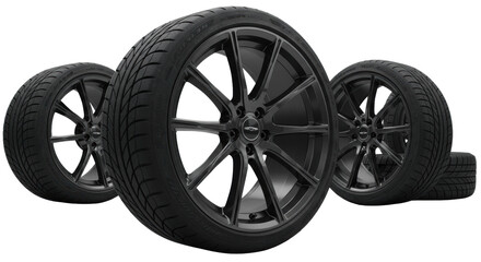 Obraz premium five dark alloy multi-spoke performance wheels and matte tires dynamically arranged on a transparent studio background, low angle commercial product photography. concept for automotive power