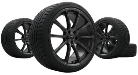 five dark alloy multi-spoke performance wheels and matte tires dynamically arranged on a transparent studio background, low angle commercial product photography. concept for automotive power