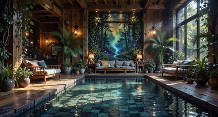 luxurious indoor swimming pool with botanical decor and forest mural in a rustic wood-paneled room.