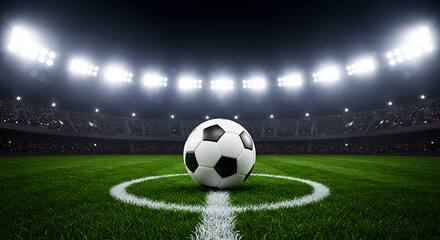 Soccer Ball at Midfield on Textured Grass Stadium Field Under Evening Lights – Football Match Kickoff Background