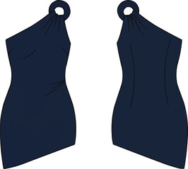 Midnight bauble one-shoulder mini dress fashion flat vector, navy blue asymmetrical neckline bodycon dress illustration with gathered ring detail, minimal party wear technical drawing