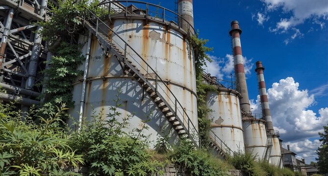 abandoned industrial tanks and chimneys overgrown with vegetation on a sunny day - Powered by Adobe