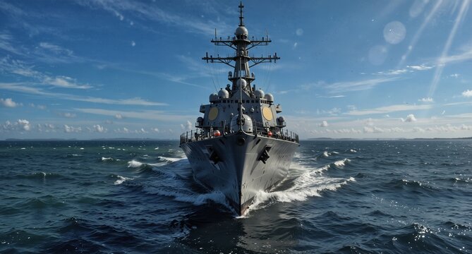 modern naval destroyer sailing through choppy seas under a bright blue sky