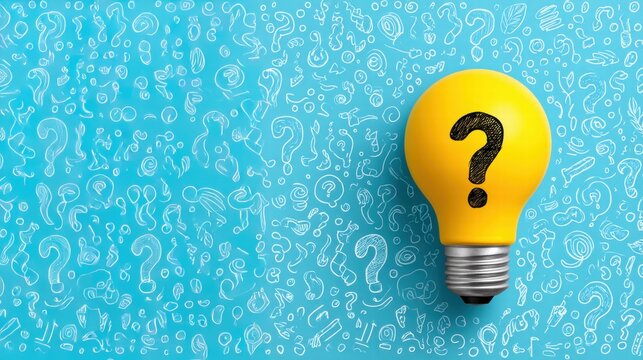 Yellow light bulb with a question mark on a blue background.