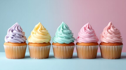 Delicious cupcakes with colorful frosting arranged in a row against a pastel background