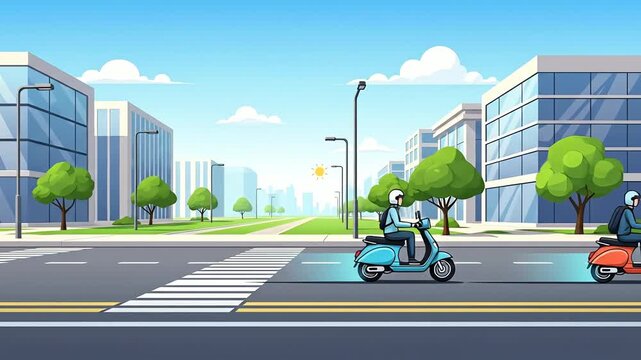 Animated Cityscape with People Riding Scooters and Mopeds.