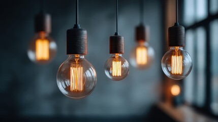 Decorative Edison light bulbs hanging in a modern interior space