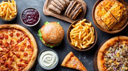 Delicious assortment of fast food items on a dark surface, overhead shot.