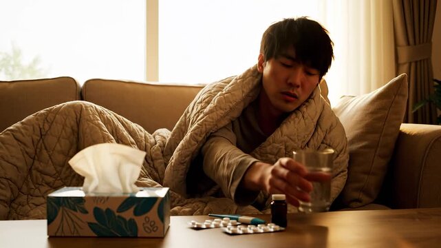 A young man sits on a couch, wrapped in a cozy blanket while holding a thermometer, indicating he is unwell. Nearby, a box of tissues and medication are placed on a table within re