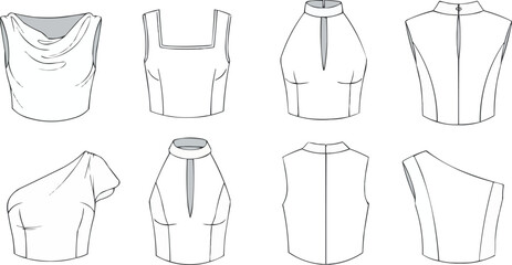Assorted Sleeveless Top Vector Set, Fashion Flat Illustration, Cowl Neck, Square Neck, Halter Neck, One-Shoulder, High Neck, Bodice Technical Drawing Bundle