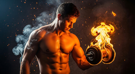 Powerful bodybuilder training with an ignited dumbbell, showcasing immense strength and fiery determination in a dynamic workout session