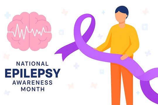 Man holding purple ribbon for national epilepsy awareness month