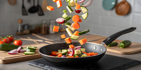 Colorful diced vegetables such as carrots, zucchini, and red onion falling into a frying pan in a bright kitchen, creating a dynamic and healthy cooking scene