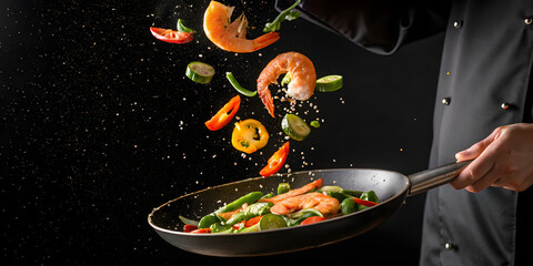 Chef tossing shrimp and vegetables in a pan, creating a dynamic culinary scene with vibrant colors and textures against a dark backdrop, showcasing cooking skills