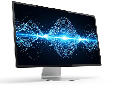 Abstract blue digital sound wave visualization displayed on a sleek modern monitor, representing data transfer and technology concepts.