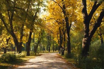 Path winds through vibrant autumn foliage in a park setting