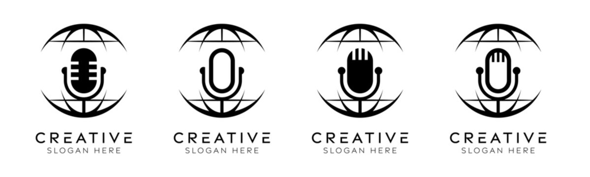 Set of world podcast logo design templates. Modern isolated globe with mic podcast design for technology, interview and broadcast.