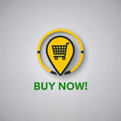 A yellow icon showing a shopping location, featuring a pin and a shopping cart. 'Buy Now!' text below icon.
