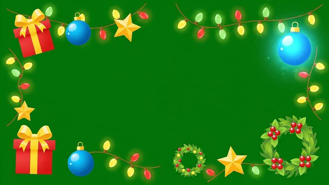 Animated christmas border frame decoration elements on green screen background chroma key template for festive holiday season marketing videos