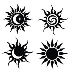 Stylized black and white sun and moon celestial symbols. Mystical designs suitable for spiritual iconography, astrology themes, graphic elements, and unique tattoo art